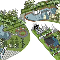 Traditional Park Landscape With Scenic Ponds Winding Paths Pavilion And Green Lawns