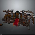 Medieval Entrance Scene With Wooden Door Iron Chains Red Carpet Stone Bricks And Barrels