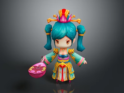 Vibrant Cartoon Character With Teal Double Ponytails Ornate Headdress Colorful Traditional Costume Holding Pink Object 3d model