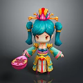 Vibrant Cartoon Character With Teal Double Ponytails Ornate Headdress Colorful Traditional Costume Holding Pink Object