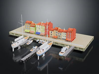 Cartoon Marina Scenery With Colorful Houses Moored Boats And Wooden Dock 3d model
