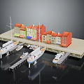Cartoon Marina Scenery With Colorful Houses Moored Boats And Wooden Dock