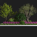 Roadside Square Flower Bed Facilities With Trees Shrubs And Purple Flowers