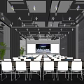 Modern Conference Room With White Chairs Large Screen VALAX Logo And Gray Walls