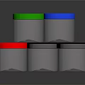 Transparent Plastic Jars With Different Colored Lids Stacked On Reflective Surface