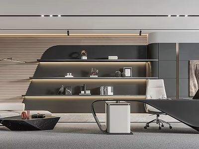 Modern Office Interior Design With Desk Chair Shelves Lighting And Decor 3d model
