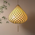 Bamboo Woven Teardrop Shaped Lantern With Warm Yellow Light And Bamboo Leaves