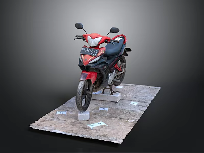 Red And Black Motorcycle Displayed On Platform With Small Tags 3d model