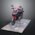 Red And Black Motorcycle Displayed On Platform With Small Tags