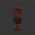 Cartoon Scene of Multi Level Tower with Red Roof Wooden Structure Steps and Green Grass