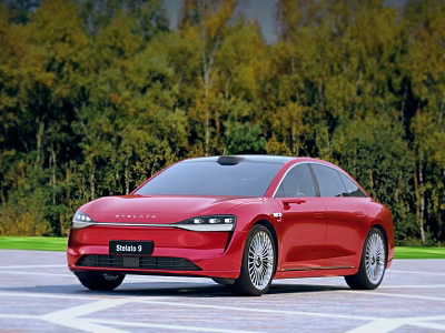 Red Seres 9 Sedan Parked In Outdoor Open Area With Lush Forest Backdrop 3d model
