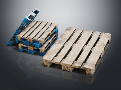 Wooden Pallets In Blue And Natural Color Stacked On Dark Surface 3d model
