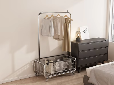 Clothes Hanging On Modern Clothing Rack With Storage Basket In Bedroom 3d model