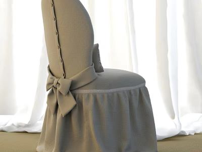 Elegant Beige Dining Chair With Tufted Back Bow Detail And Skirt Against White Curtains Background 3d model