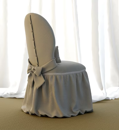 Elegant Beige Dining Chair With Tufted Back Bow Detail And Skirt Against White Curtains Background 3d model