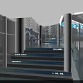 Water Themed Exhibition Hall Interior With Droplet Patterned Walls Blue Ceiling And Stairs
