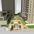 Modern Commercial Complex with High Rise Buildings Greenery and Plaza Area