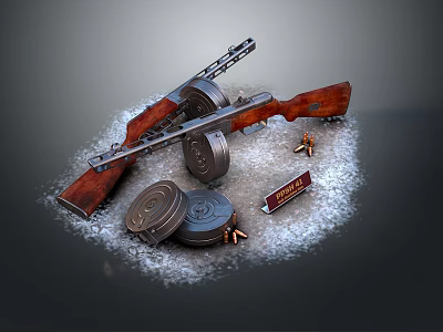 Rifle With Wooden Stock Metal Cans Bullets And Snow Like Substance Gray Background 3d model