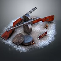 Rifle With Wooden Stock Metal Cans Bullets And Snow Like Substance Gray Background