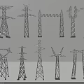 Hand Drawn Sketches of Electricity Transmission Towers with Various Line Art Designs