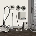 Smart Cleaning Machines With Vacuum Cleaners Mops And Wall Mounted Circular Devices In Indoor Area