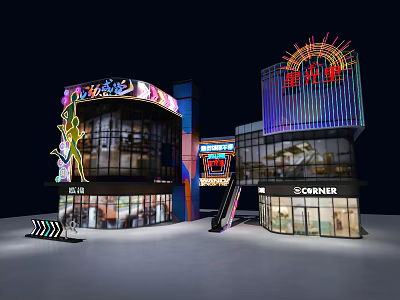 Modern commercial building block entrance night neon 3d model