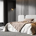Modern Bedroom Interior With Gray Wooden Wall Minimalist Bed Frame Beige Bedding Black Armchair