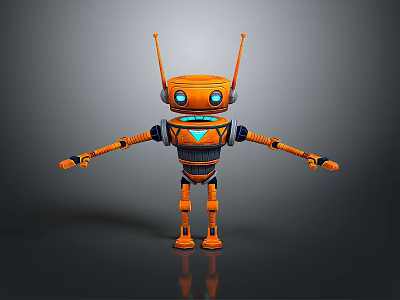 Orange Robot Game And Movie Character With Antennas Blue Eyes And Mechanical Design 3d model