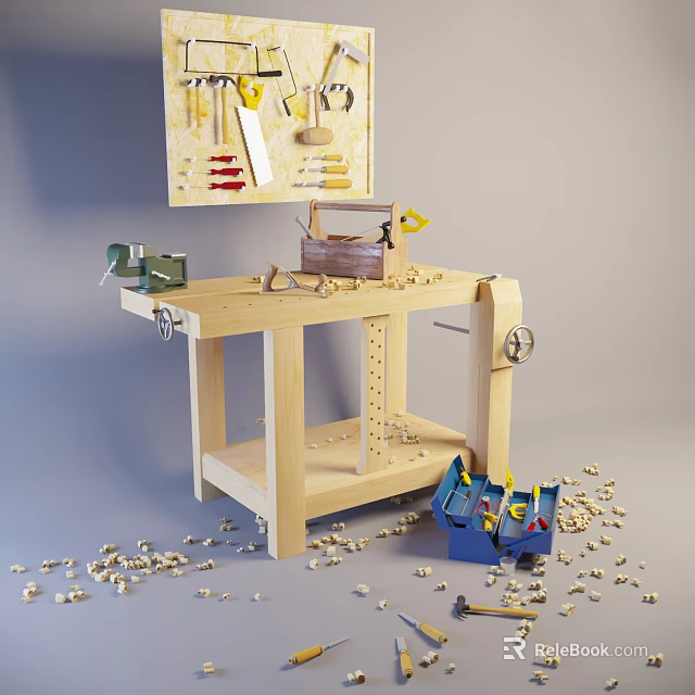 Wooden Workbench With Tools And Scattered Wood Shavings In Woodworking Space 3d model 