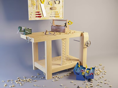 Wooden Workbench With Tools And Scattered Wood Shavings In Woodworking Space 3d model