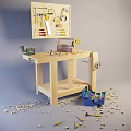 Wooden Workbench With Tools And Scattered Wood Shavings In Woodworking Space