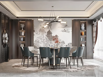 Elegant Modern Restaurant Interior With Round Dining Table And Decorative Wall 3d model