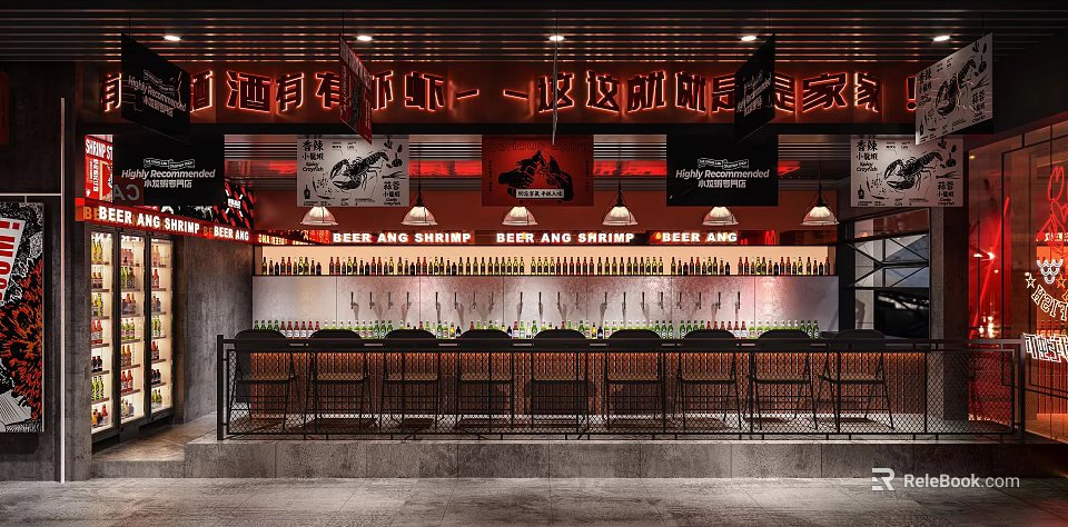 Stylish Restaurant Interior With Bar Counter Beer Spirits Bottles Pendant Lights And Red Black Decor 3d model 