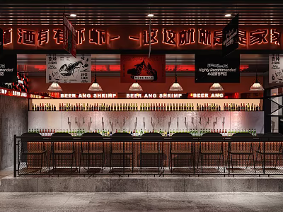 Stylish Restaurant Interior With Bar Counter Beer Spirits Bottles Pendant Lights And Red Black Decor 3d model