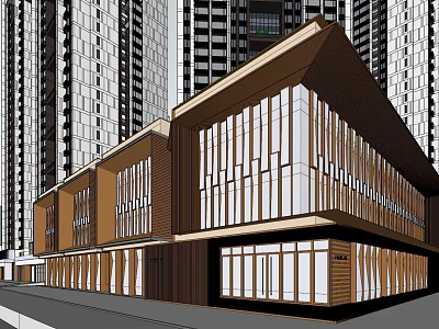 Modern Residential Building Exterior With Large Glass Windows And Wooden Accents Surrounded By High Rises 3d model