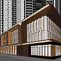 Modern Residential Building Exterior With Large Glass Windows And Wooden Accents Surrounded By High Rises