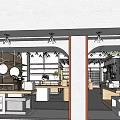 Modern Boutique Interior With Wooden Shelves Display Tables Hanging Lights and Plants