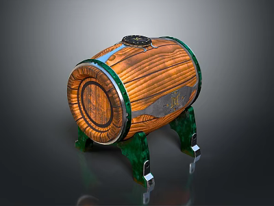 Wooden Barrel With Wooden Texture Green Metal Stands And Metal Bands 3d model