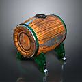 Wooden Barrel With Wooden Texture Green Metal Stands And Metal Bands