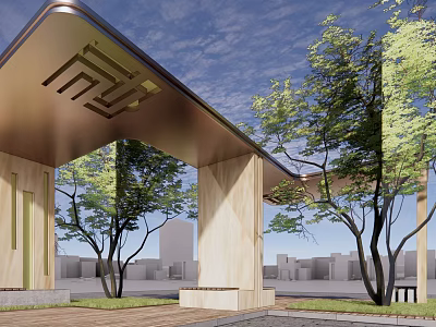 Modern Pergola Structure With Metal Roof Geometric Cutouts Wooden Pillars Surrounded By Trees 3d model
