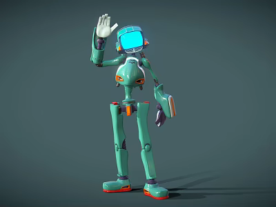 Green Robot With Blue Helmet Waving Hand And Orange Details On Gray Background 3d model