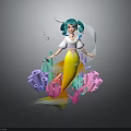 Mermaid Character With Green Hair And Yellow Tail Surrounded By Colorful Corals And Bubbles