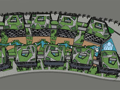 Modern Office Buildings With Green Rooftops Water Features And Landscaped Areas 3d model
