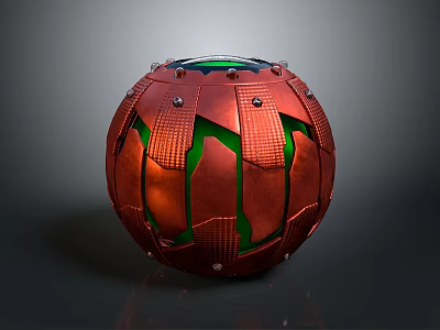 Spherical Red Weapon With Green Glowing Sections And Metallic Texture Featuring Rivets And Tactical Features 3d model