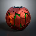 Spherical Red Weapon With Green Glowing Sections And Metallic Texture Featuring Rivets And Tactical Features