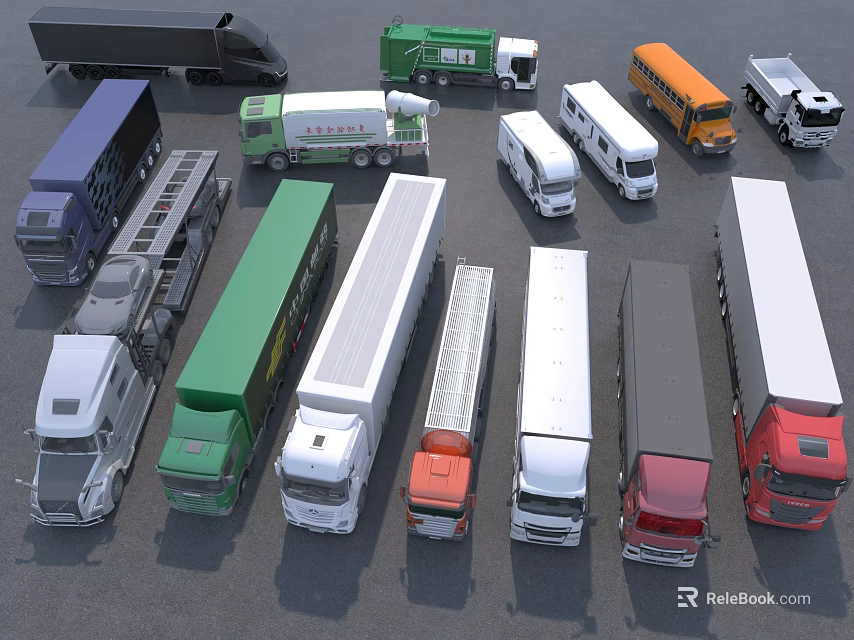 Different Types Of Commercial Trucks Showcasing Various Colors And Designs 3d model 