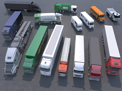 Different Types Of Commercial Trucks Showcasing Various Colors And Designs 3d model