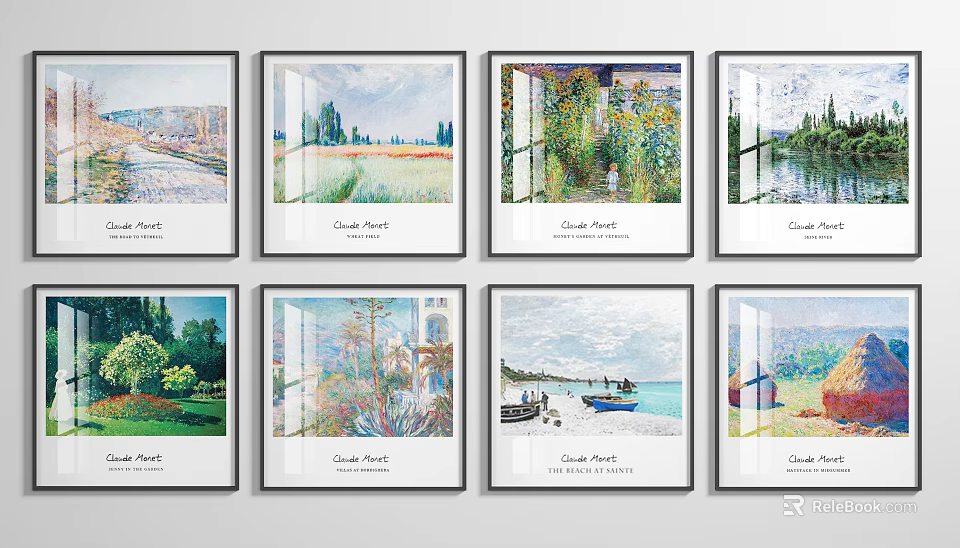 Claude Monet Framed Paintings Gallery Wall Display With Multiple Artworks 3d model 
