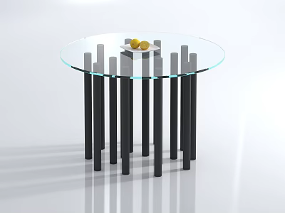 Modern Round Coffee Table With Glass Top Black Column Legs And Tray With Fruits 3d model