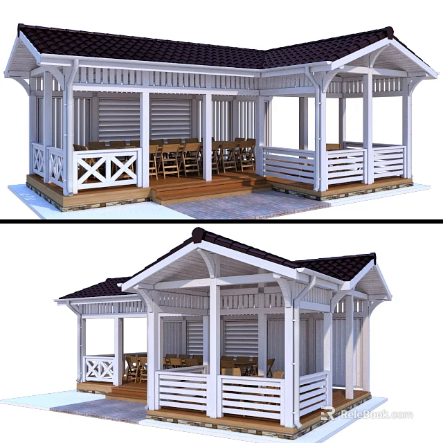 Outdoor White Pavilion Design With Wooden Floor Dark Roof And Tables 3d model 